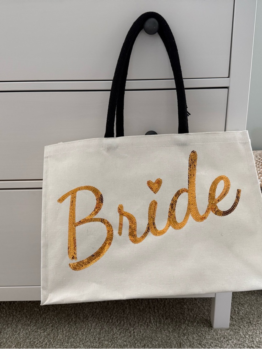 Nicole Miller Bridal Tote with Gold Sequin "Bride" Script on Cream